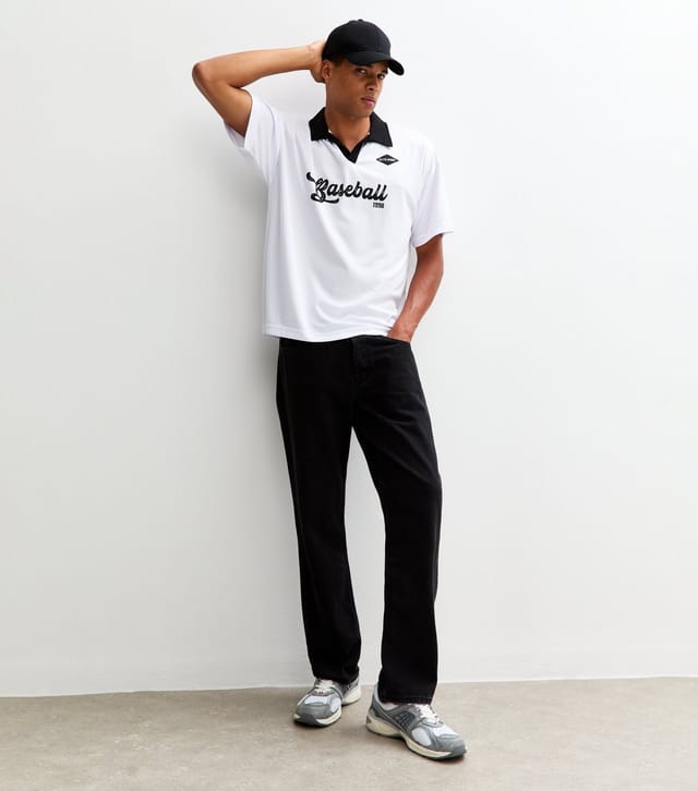 New Look Men's White Collared Relaxed Fit Baseball Logo Short Sleeve T-shirt New Look - 3