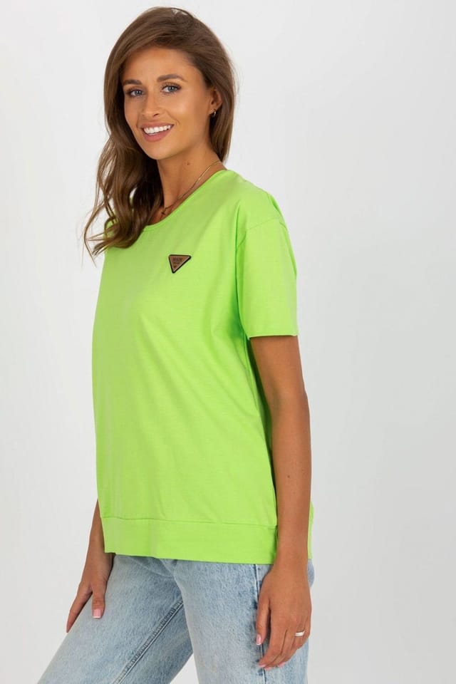 Love Lace Love Lace Women's Solid Short Sleeve Round Neck Blouse with Patch in Green - 2