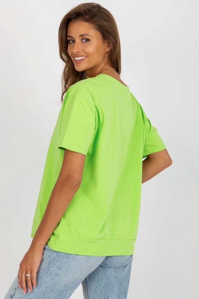 Love Lace Love Lace Women's Solid Short Sleeve Round Neck Blouse with Patch in Green - 3