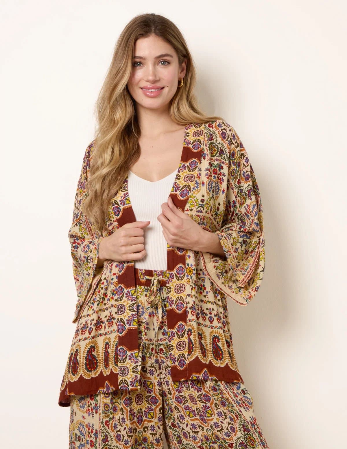 Blue Vanilla Paisley Print Kimono With Embellishment
