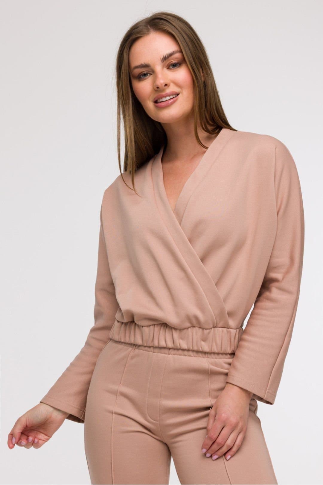 Love Lace Love Lace Women's Wrap Blouse with Elastic Waist in Beige