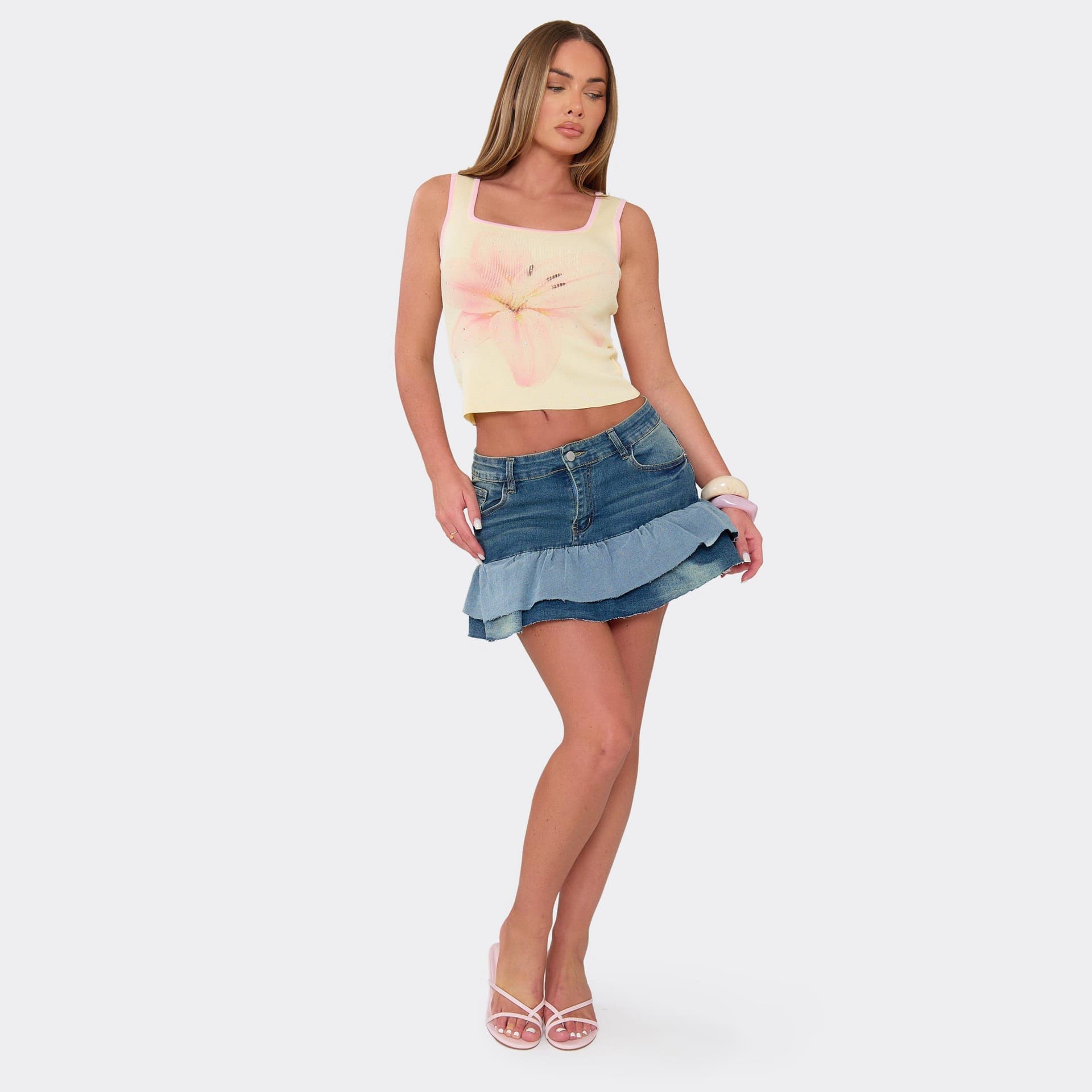 EGO Low Rise Pleated Denim Mini Skirt In Two Tone Blue Denim, Women's Size UK 6