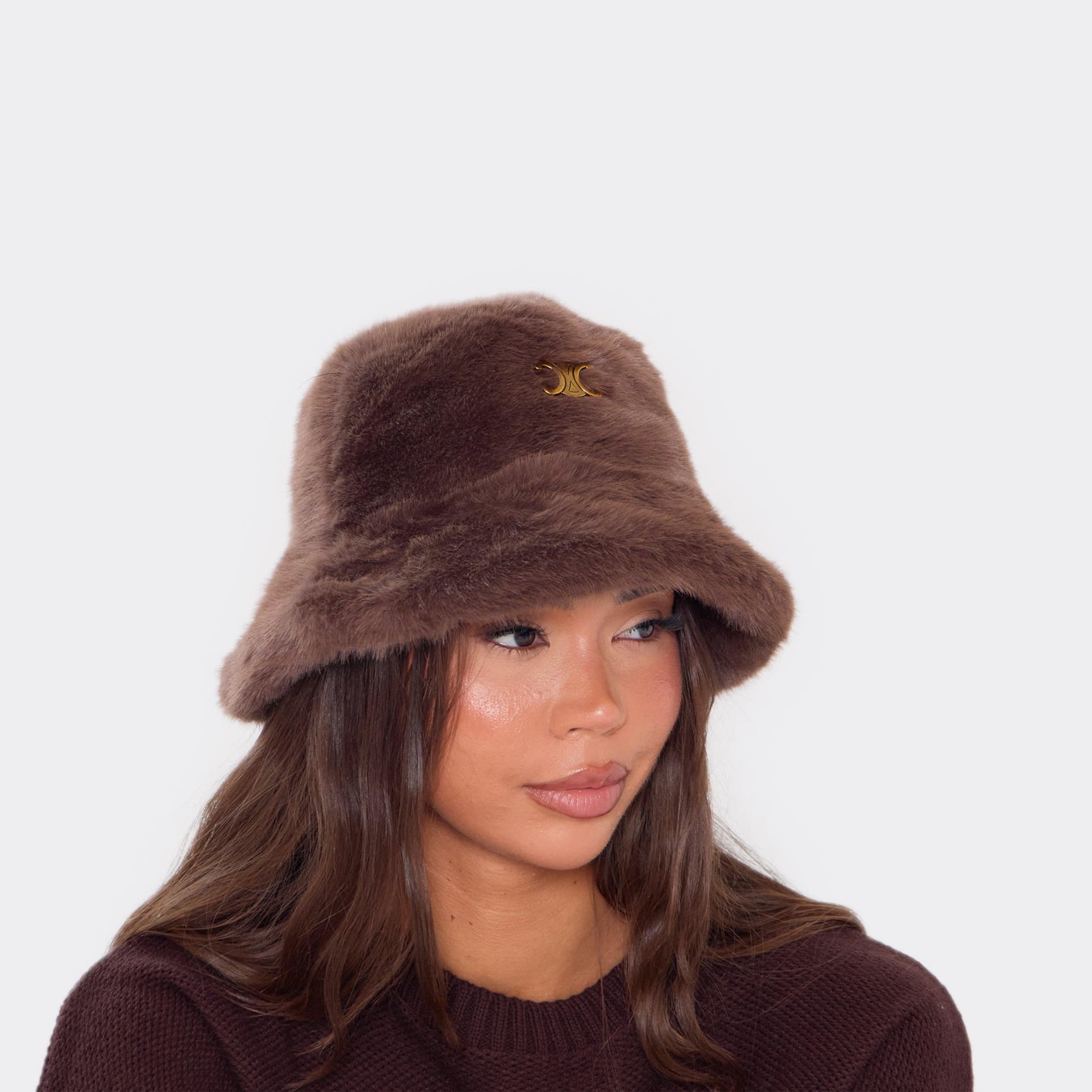 EGO Gold Logo Detail Bucket Hat In Brown Faux Fur, Women's Size UK 0