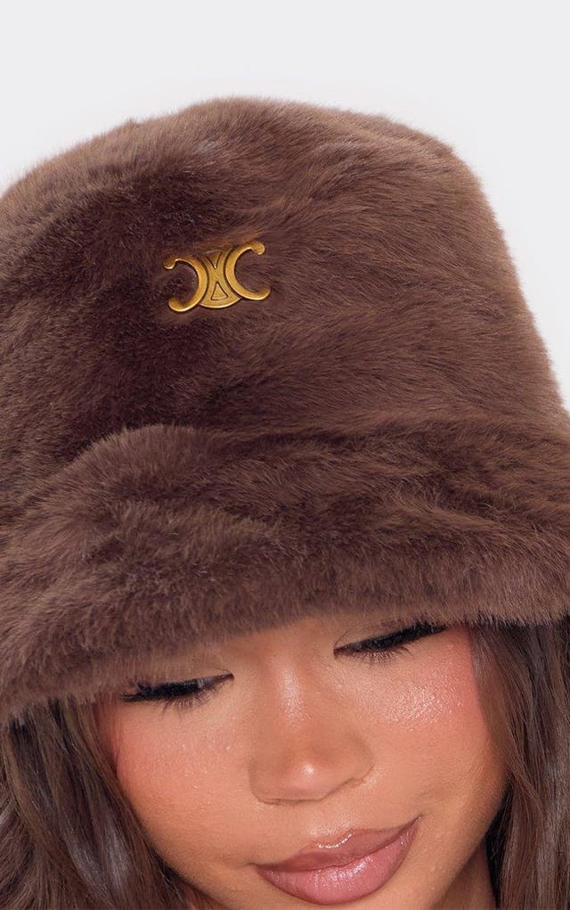 EGO Gold Logo Detail Bucket Hat In Brown Faux Fur, Women's Size UK 0 - 2