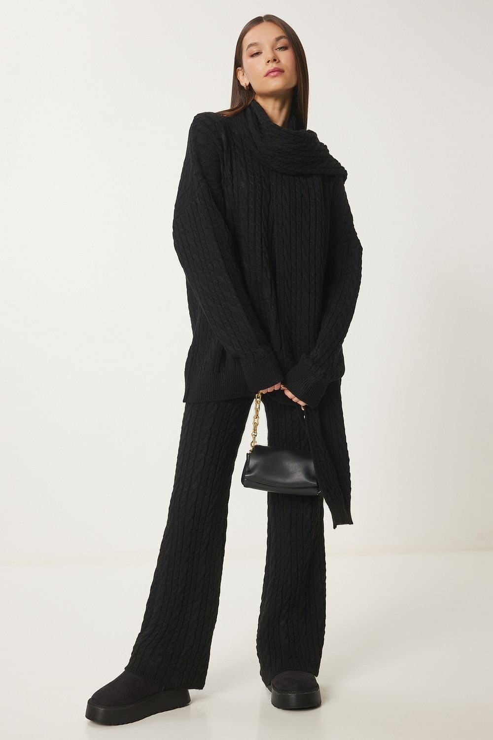 Happiness Istanbul Happiness Istanbul Women's Hair Braid Knitwear Two-Piece Set with Scarf in Black