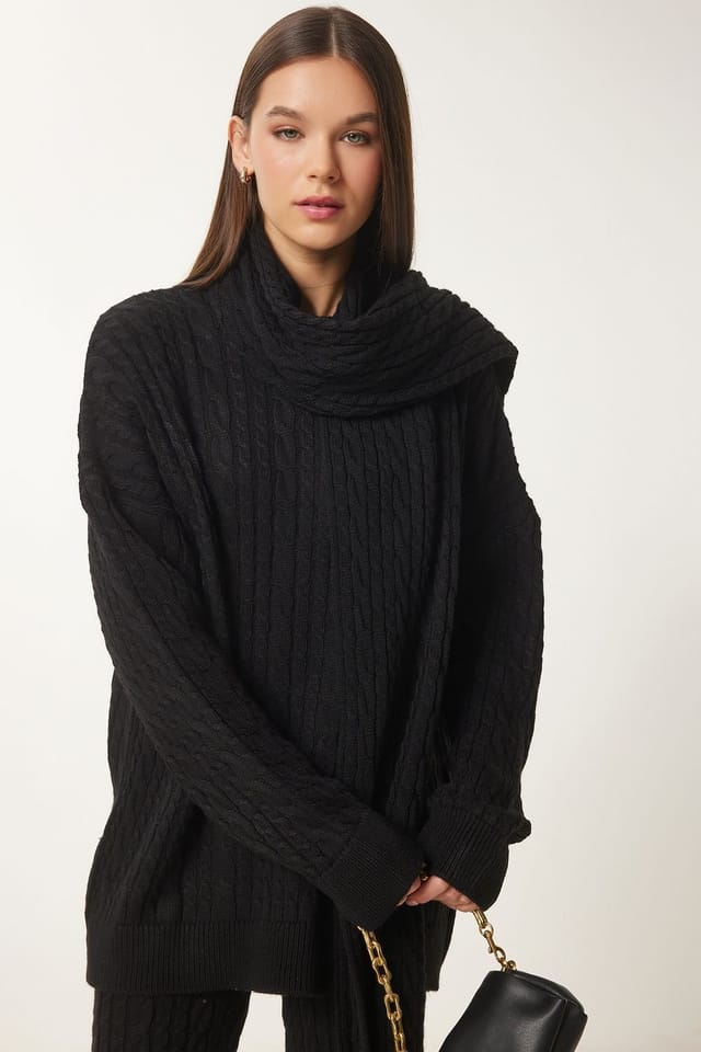Happiness Istanbul Happiness Istanbul Women's Hair Braid Knitwear Two-Piece Set with Scarf in Black - 2