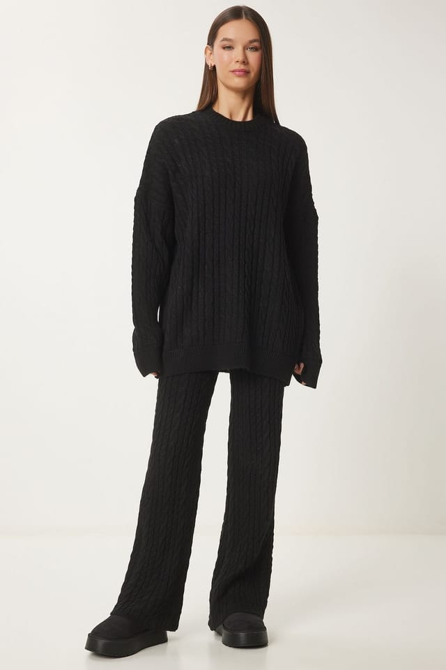 Happiness Istanbul Happiness Istanbul Women's Hair Braid Knitwear Two-Piece Set with Scarf in Black - 3