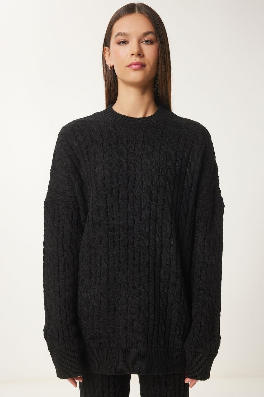 Happiness Istanbul Happiness Istanbul Women's Hair Braid Knitwear Two-Piece Set with Scarf in Black - 4