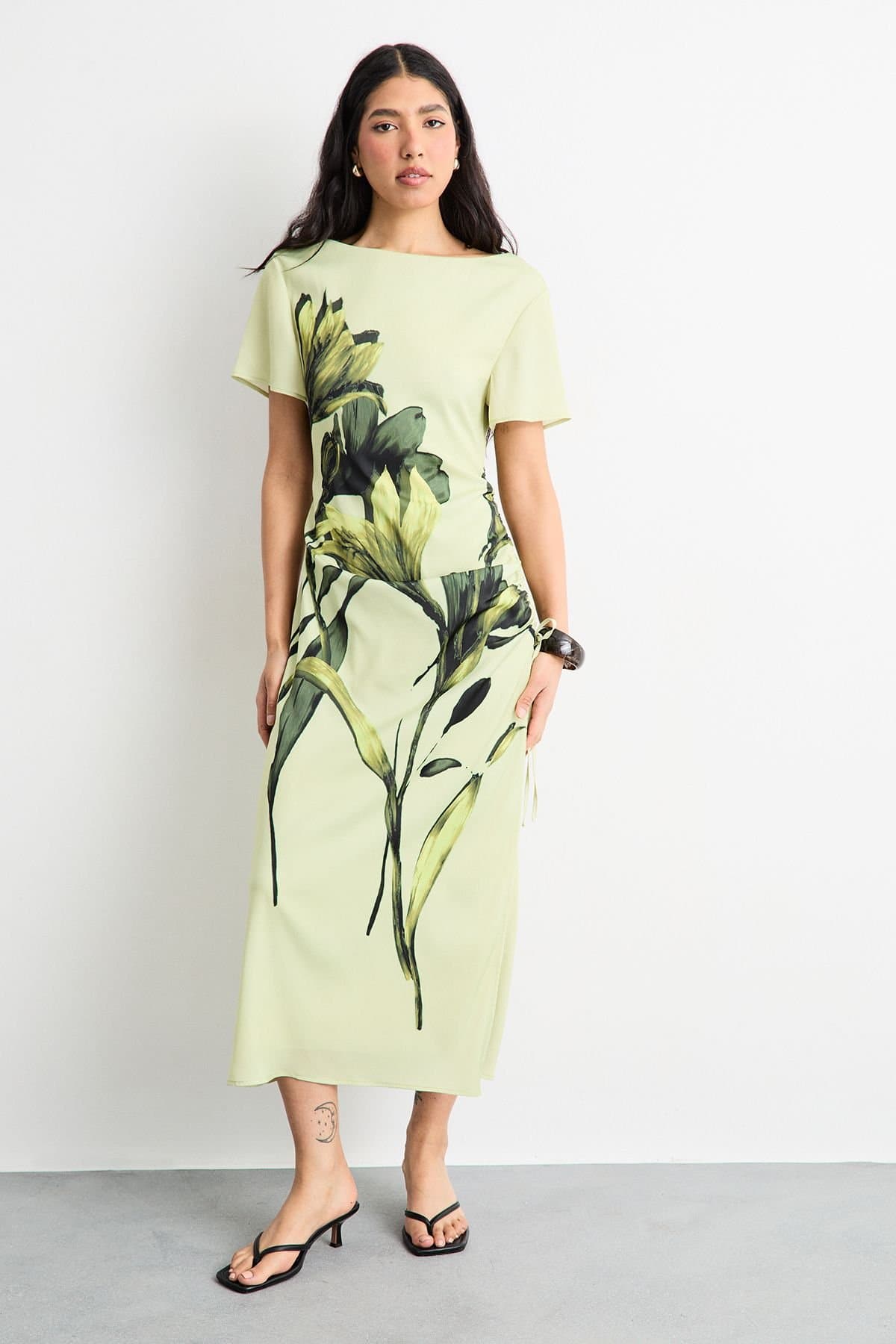 Warehouse Warehouse Women's Placement Print Crinkle Satin Ruched Midi Dress in Lime Yellow