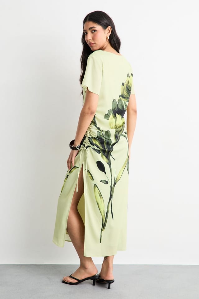 Warehouse Warehouse Women's Placement Print Crinkle Satin Ruched Midi Dress in Lime Yellow - 3