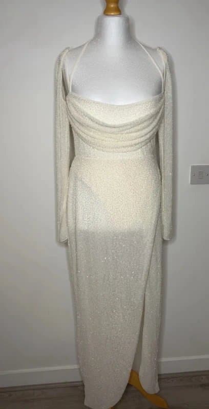 Oh Polly Oh Polly Ivory Beaded Draped Maxi Dress (Brand New)