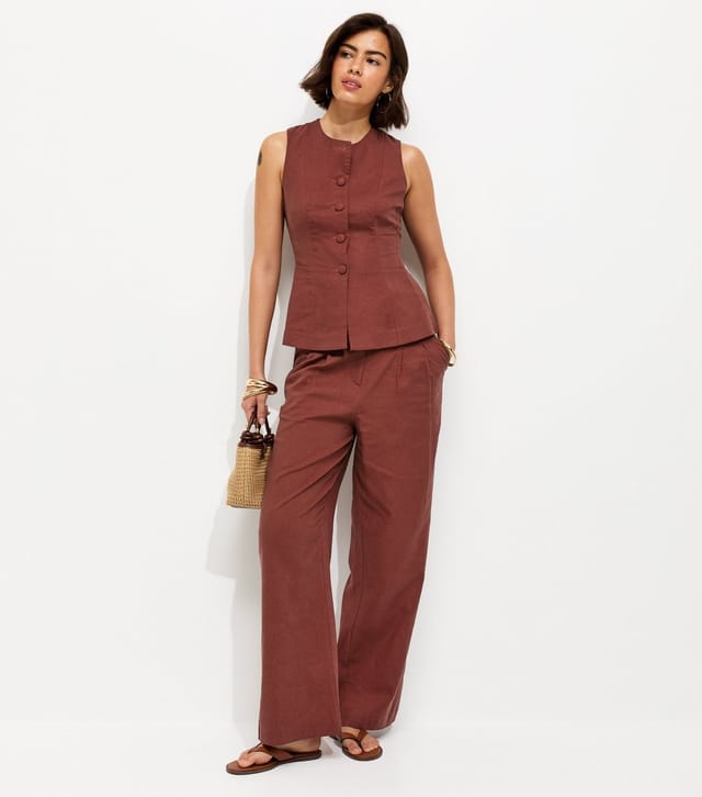 New Look Women's Dark Red Linen Rich Button Through Peplum Waistcoat New Look - 2