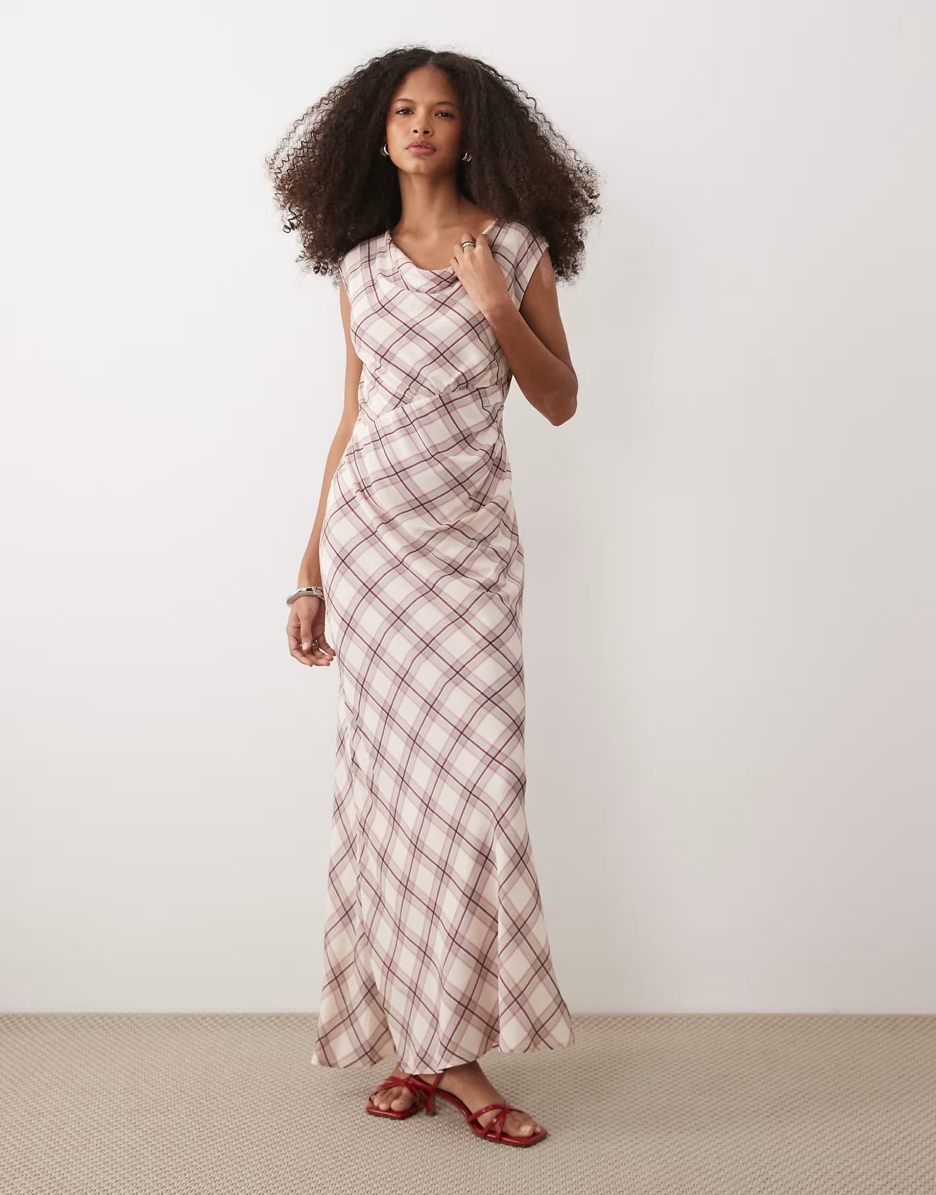 ASOS Nobody's Child sleeveless cowl neck bias cut maxi dress in cream and pink check