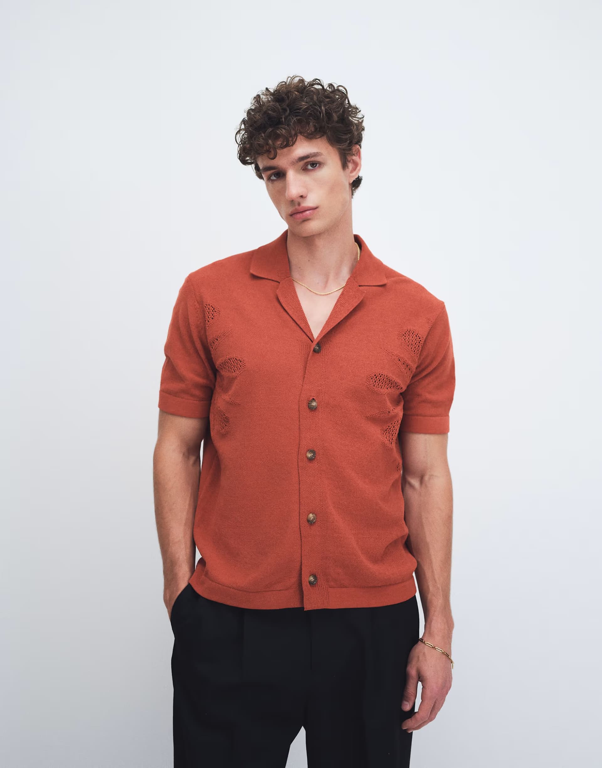 ASOS ONLY & SONS short sleeve knit shirt with floral detail in burnt red