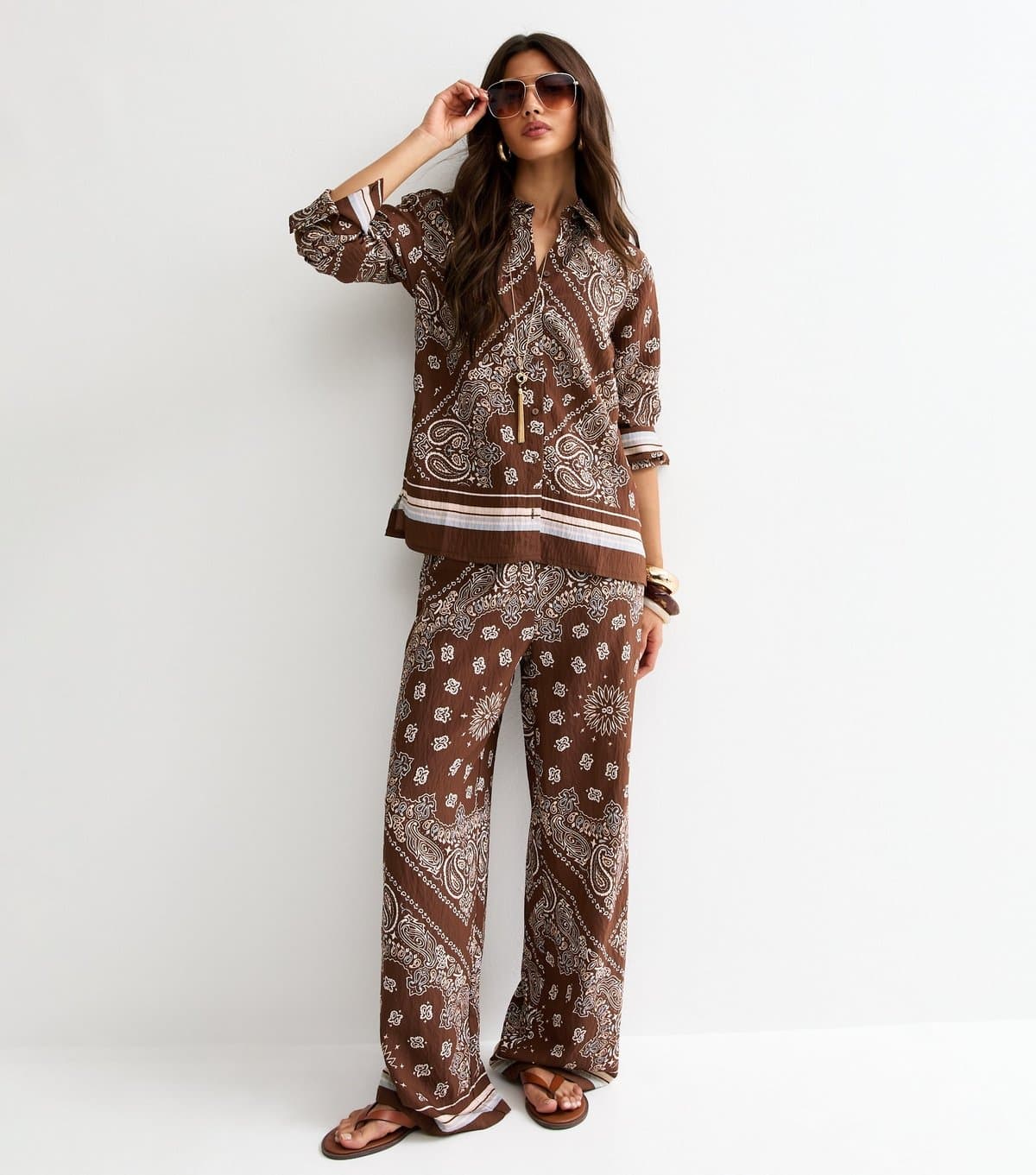 New Look Women's Brown Paisley Wide Leg Trousers New Look
