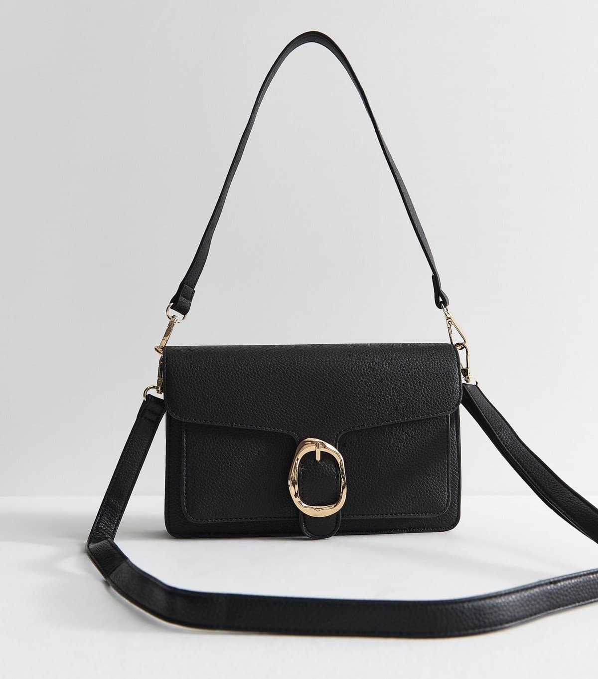 New Look Black Pebbled Faux Leather Buckle Shoulder Bag New Look