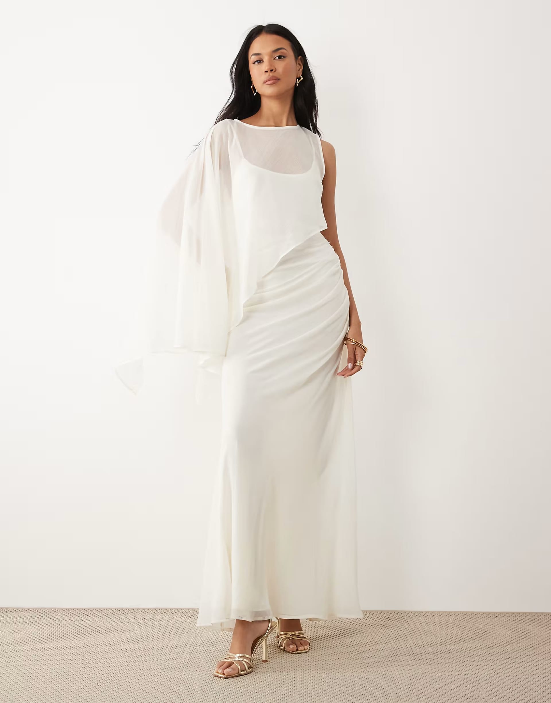 ASOS DESIGN Ivory Draped Batwing One-Sleeve Maxi Dress