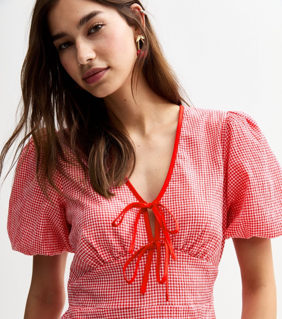 New Look Women's Red Gingham Check Tie Neck Midi Dress New Look - 2