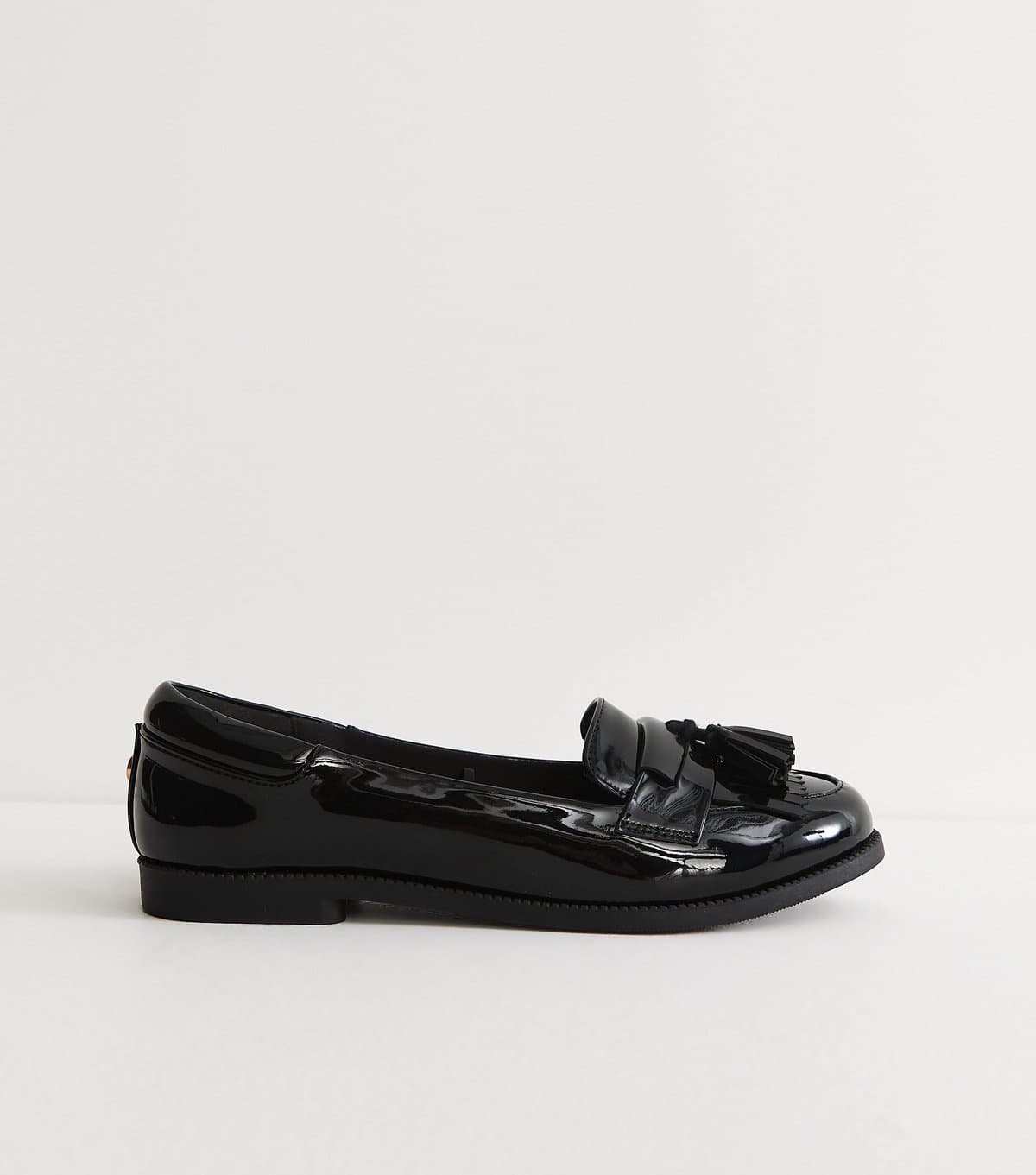 New Look Women's Black Faux Patent Leather Tassel Trim Loafers Vegan New Look