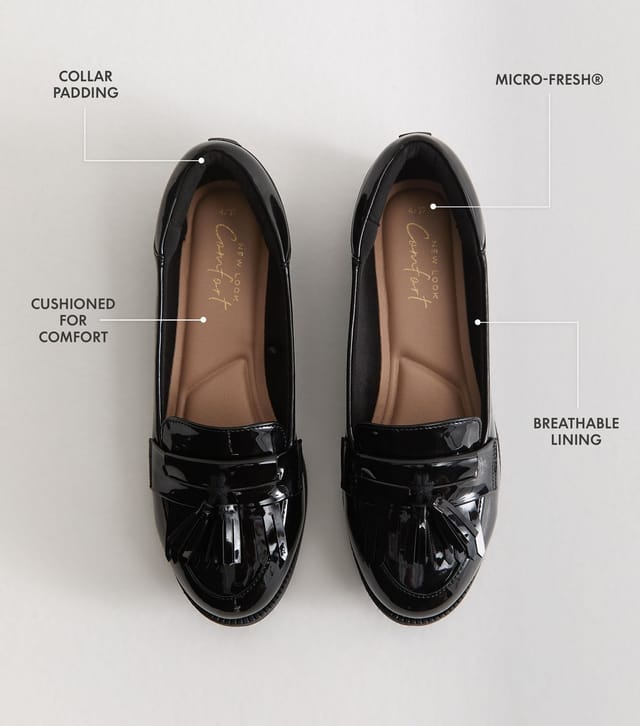 New Look Women's Black Faux Patent Leather Tassel Trim Loafers Vegan New Look - 3