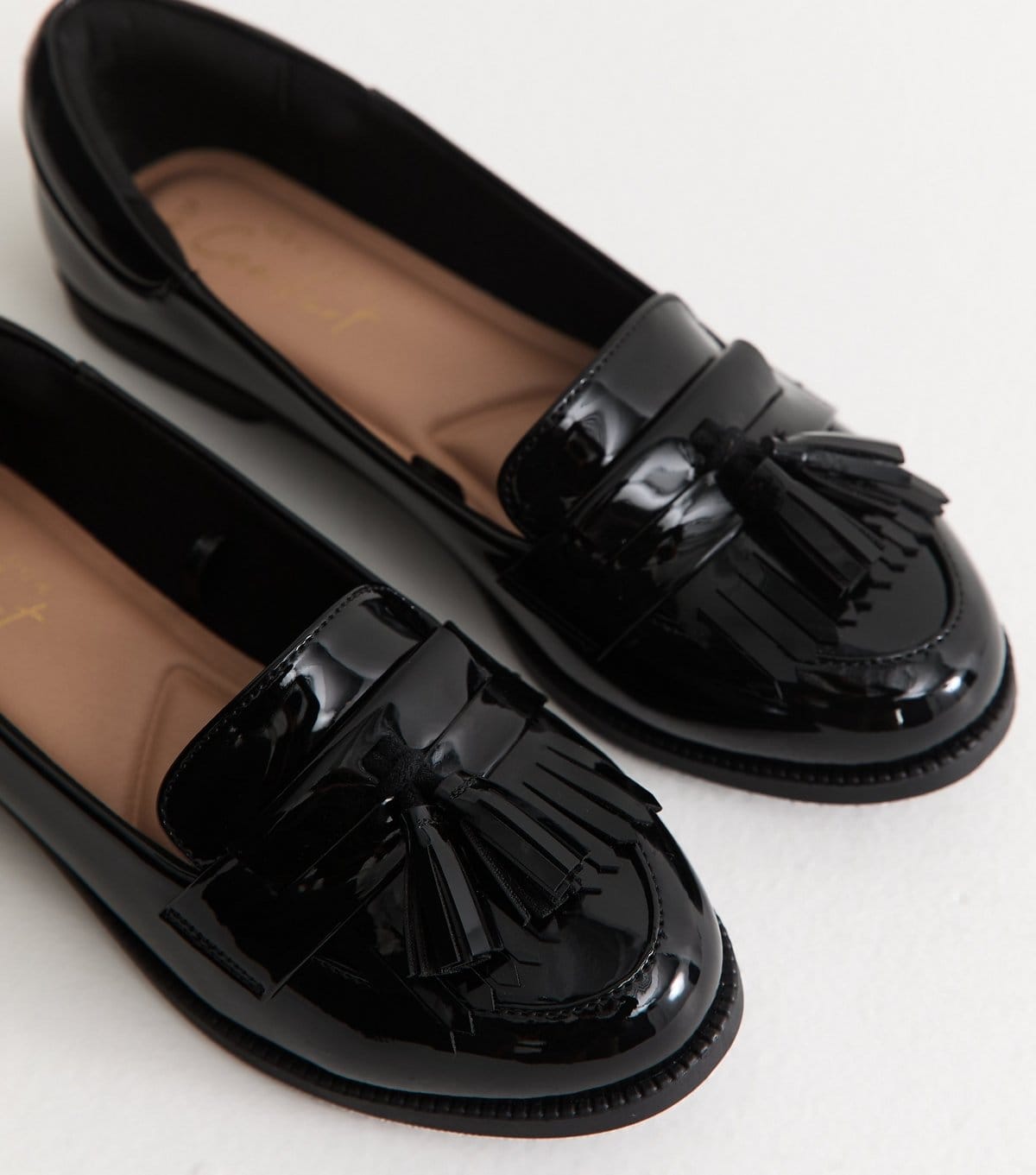 New Look Women's Black Faux Patent Leather Tassel Trim Loafers Vegan New Look - 4