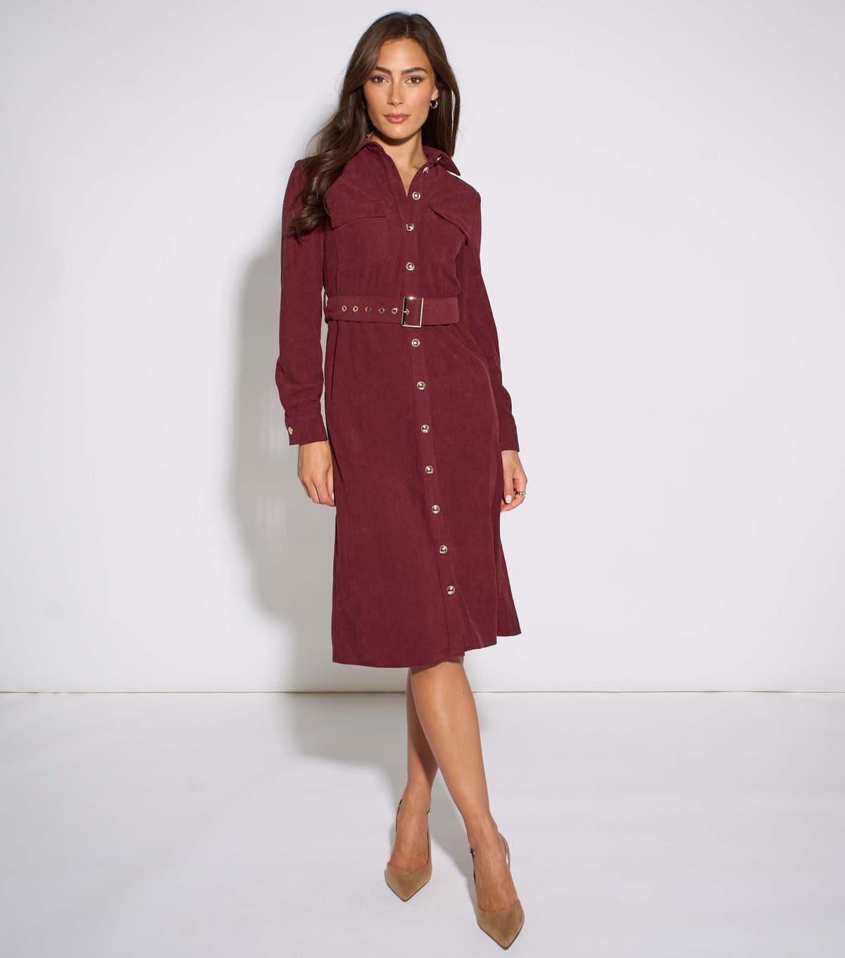 Gini London Women's Dark Red Corduroy Belted Shirt Midi Dress Gini London New Look