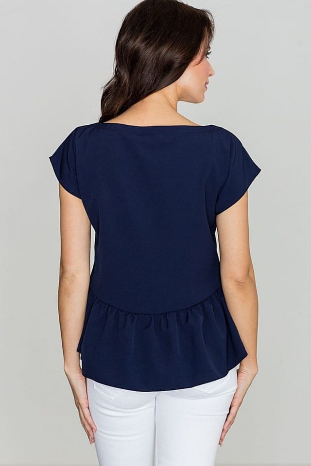Love Lace Love Lace Women's Wide V Neck Crossed Stripe Asym Frill Blouse in Blue - 2