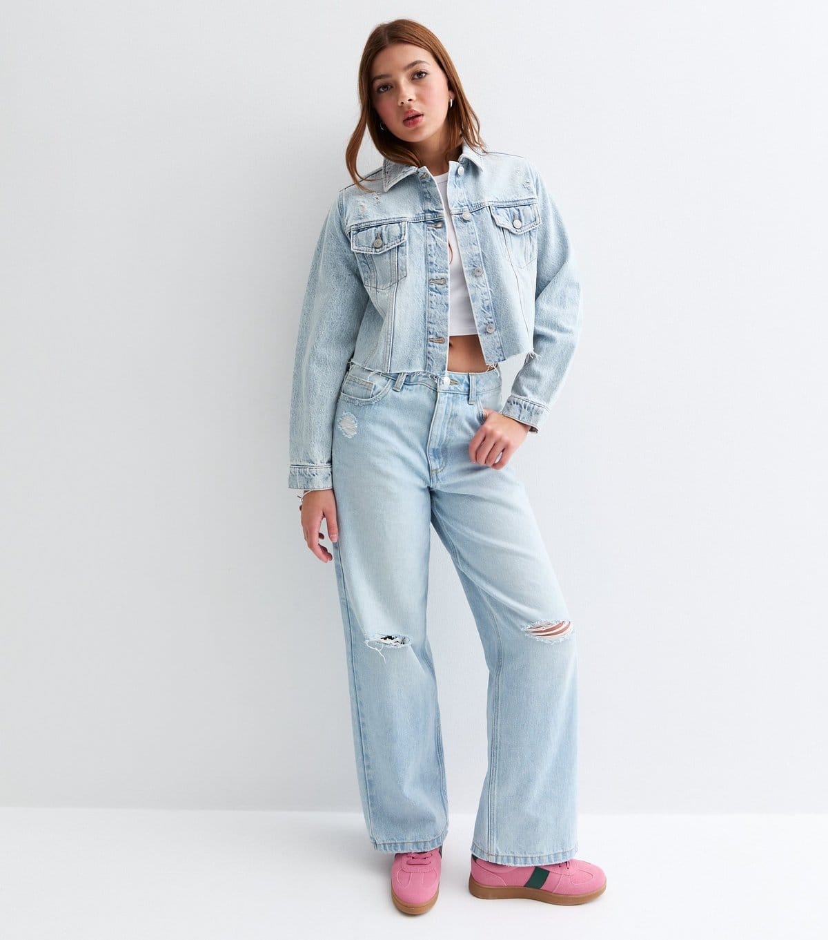 New Look Light Blue Ripped Wide Leg Jeans For Girls