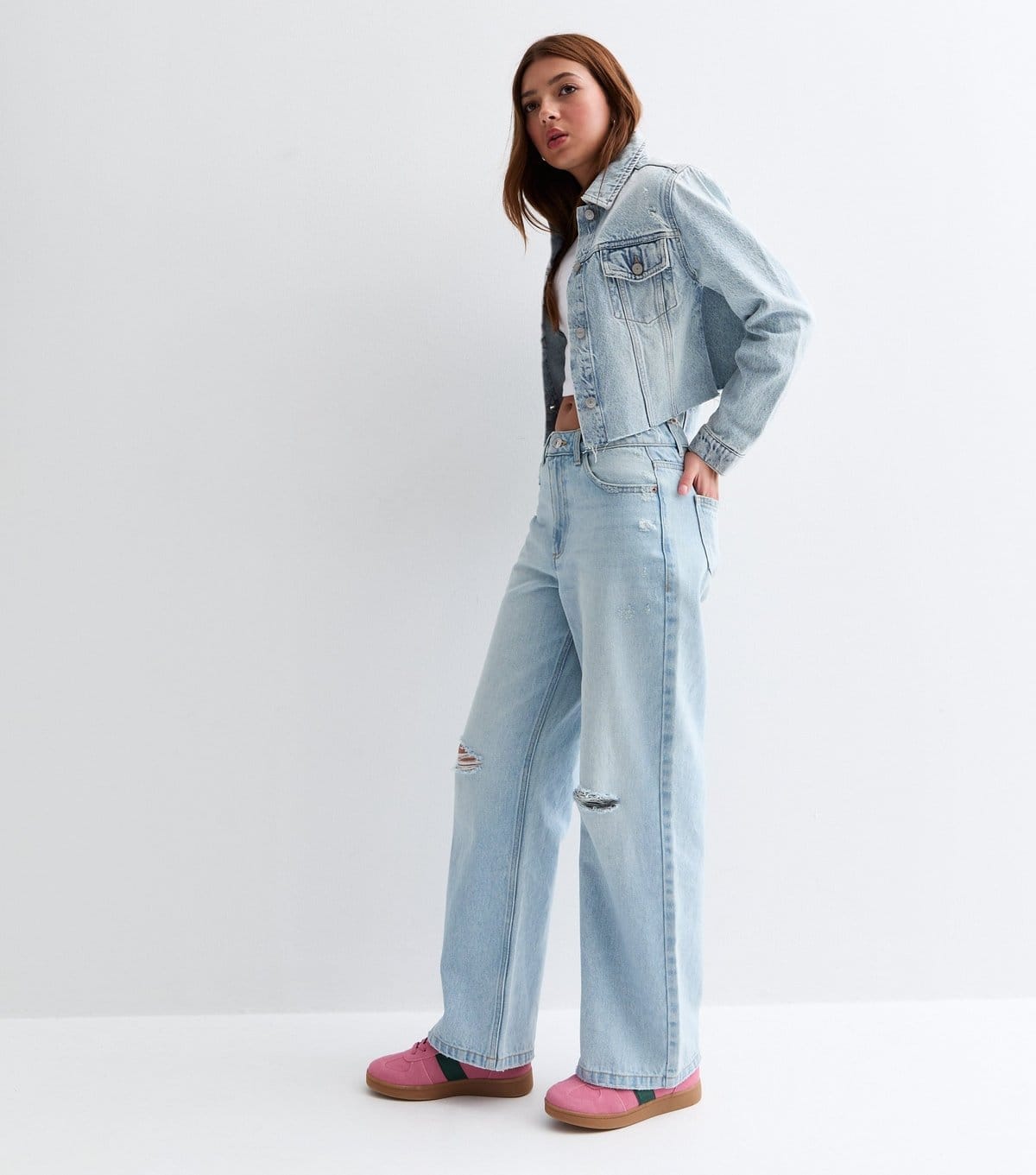 New Look Girls' Light Blue Wide Leg Ripped Jeans New Look - 4