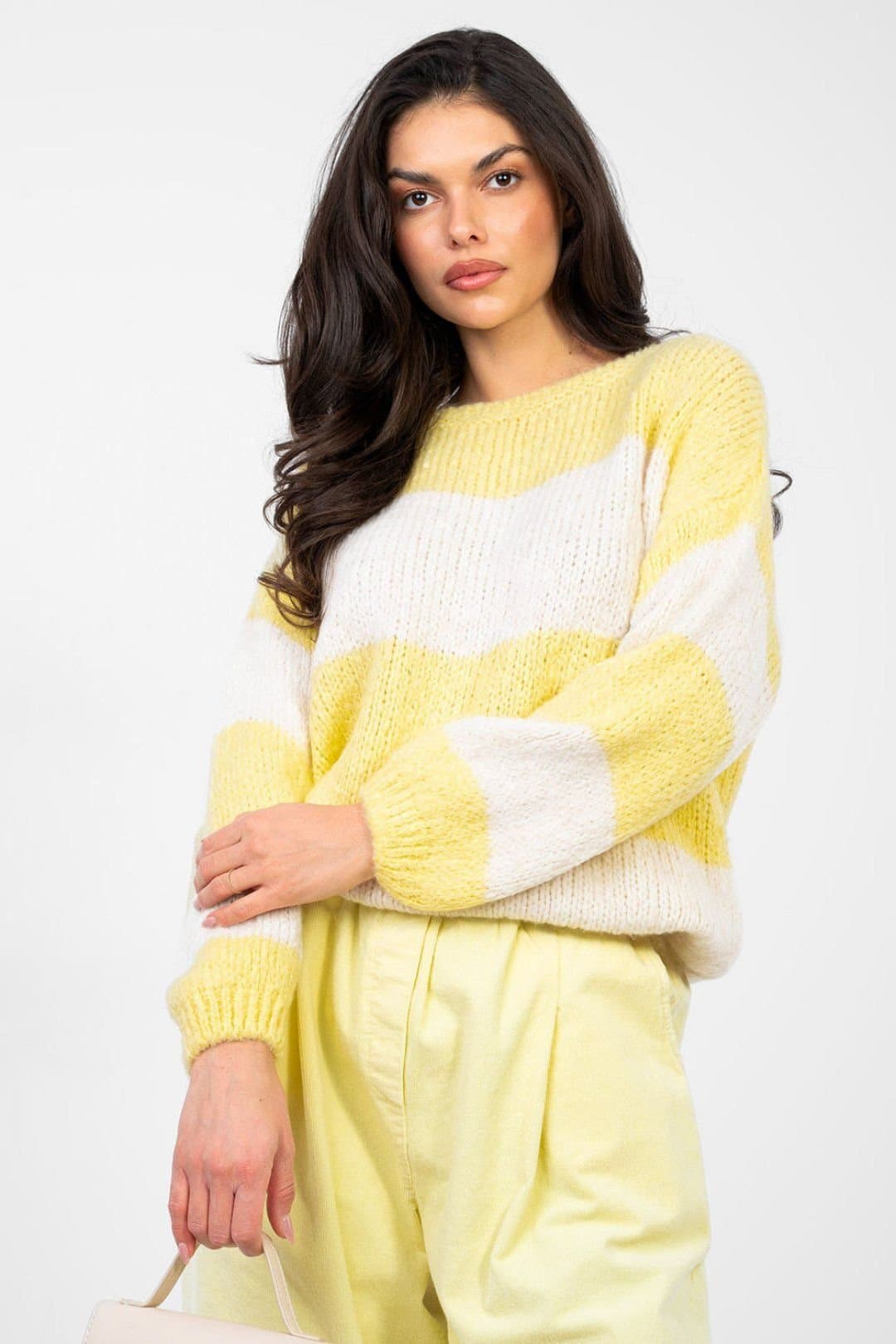 Love Lace Love Lace Women's Striped Oversized Knit Sweater in Yellow