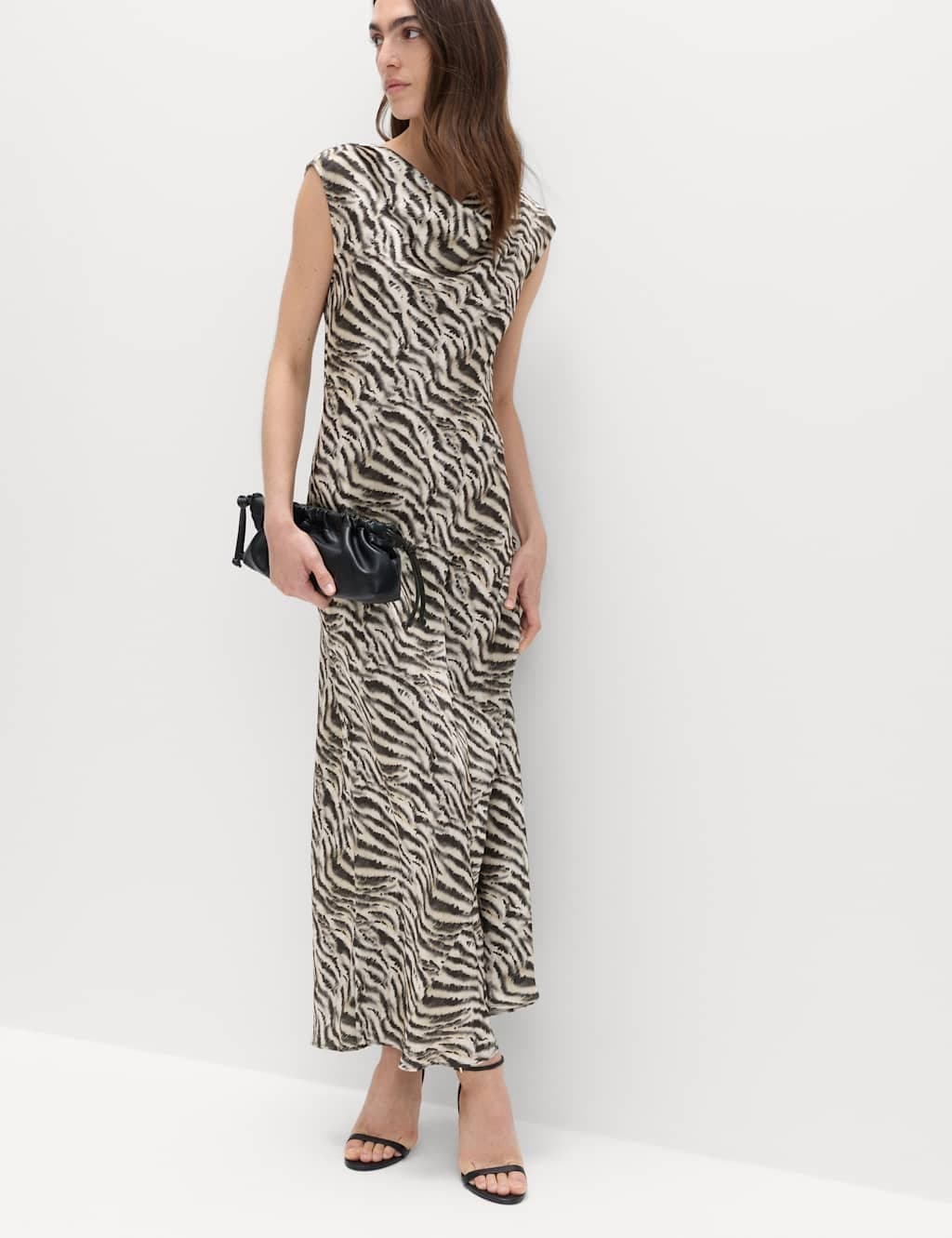Marks & Spencer M&S Satin Zebra Print Cowl Neck Midaxi Dress Black Mix