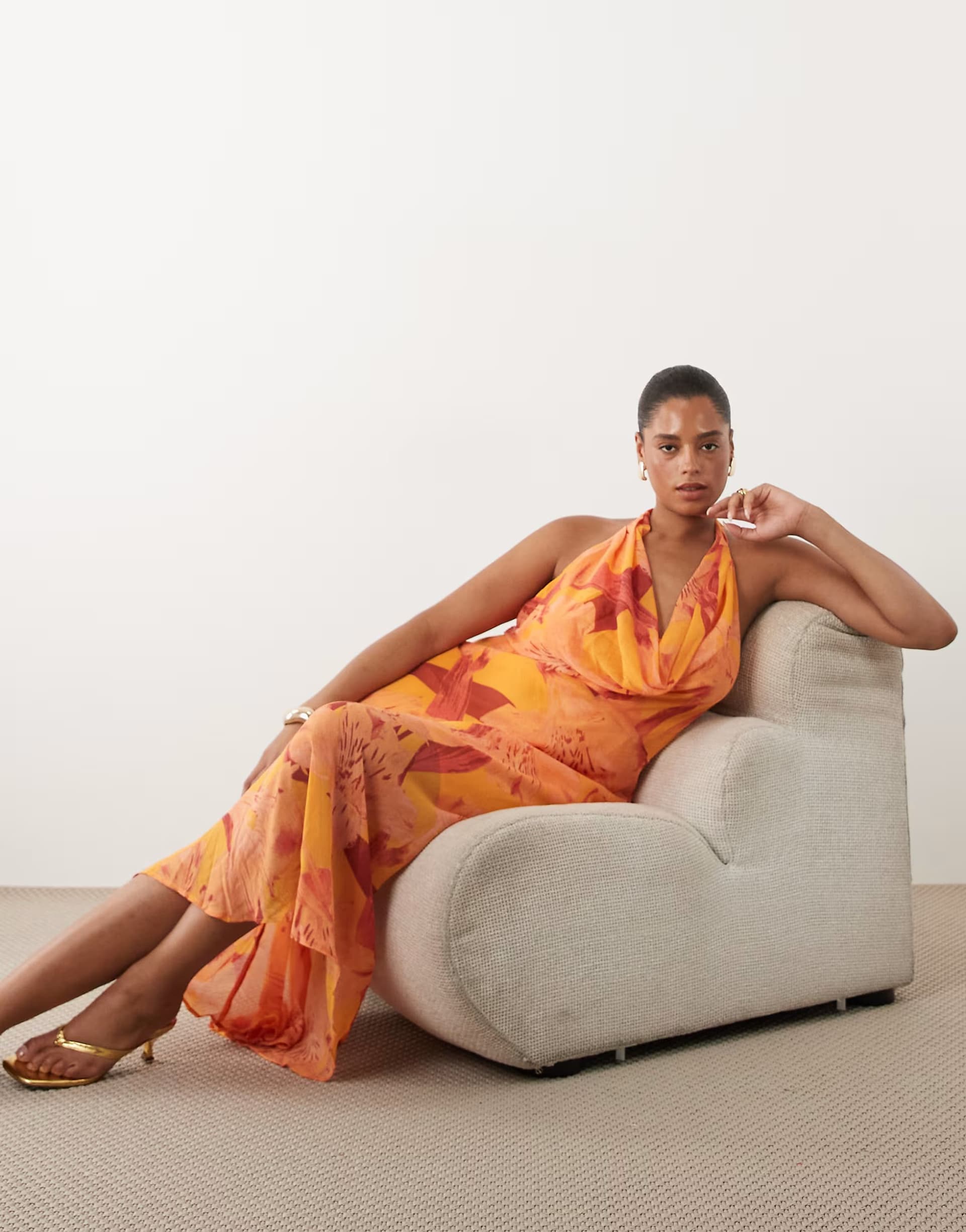 ASOS New Look Curve floral halter neck maxi dress in orange