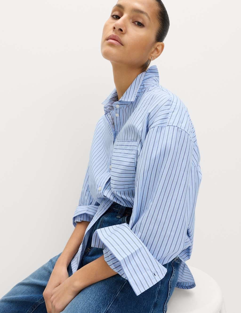 Marks & Spencer M&S Pure Cotton Striped Shirt Blue Mix