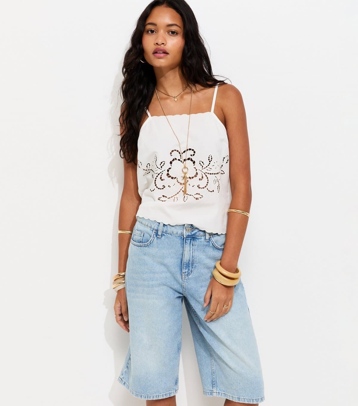 New Look Women's White Cotton Embroidered Floral Cutout Cami Top New Look