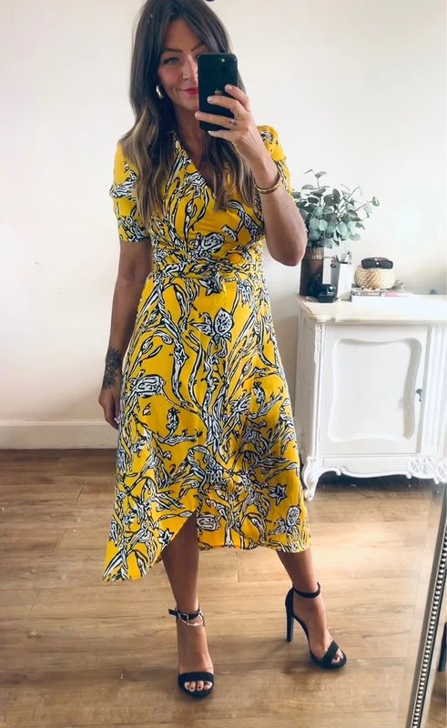 Never Fully Dressed Never Fully Dressed yellow black print wrap midi dress size 8 - 1