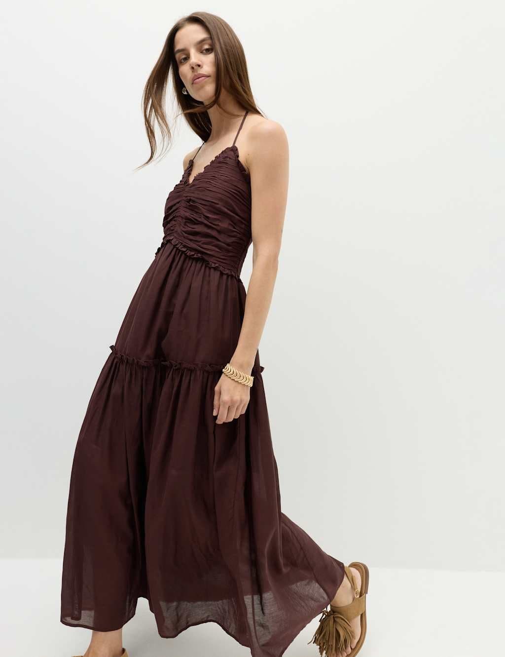 Marks & Spencer M&S Cotton Rich Ruched Midaxi Waisted Dress Brown