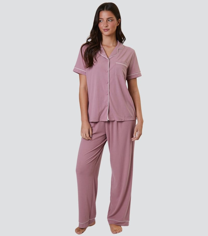 Loungeable Women's Pink Ribbed Short Sleeve Shirt and Trousers Pyjama Set Loungeable New Look - 1