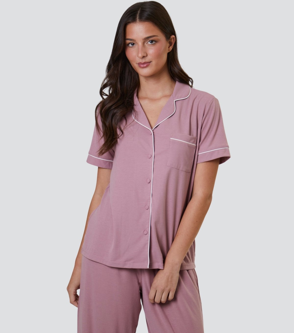Loungeable Women's Pink Ribbed Short Sleeve Shirt and Trousers Pyjama Set Loungeable New Look - 2