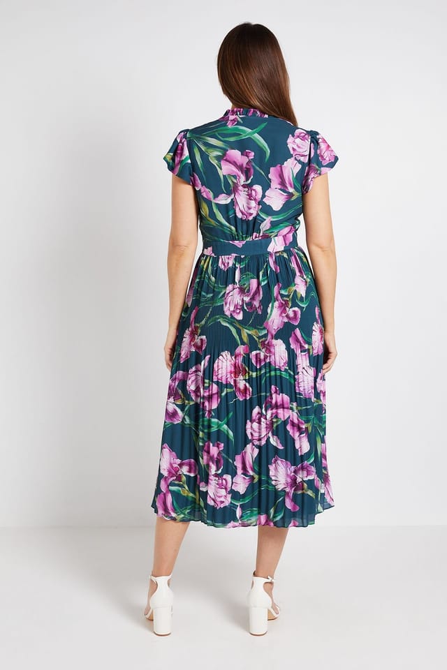 Wallis Wallis Women's Floral Ruffle Neck Pleated Midi Dress in Green - 3