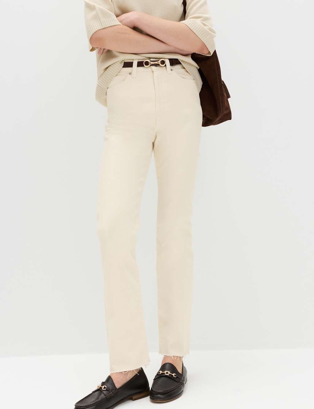 Marks & Spencer M&S Ecru High Waisted Frayed Kickflare Jeans