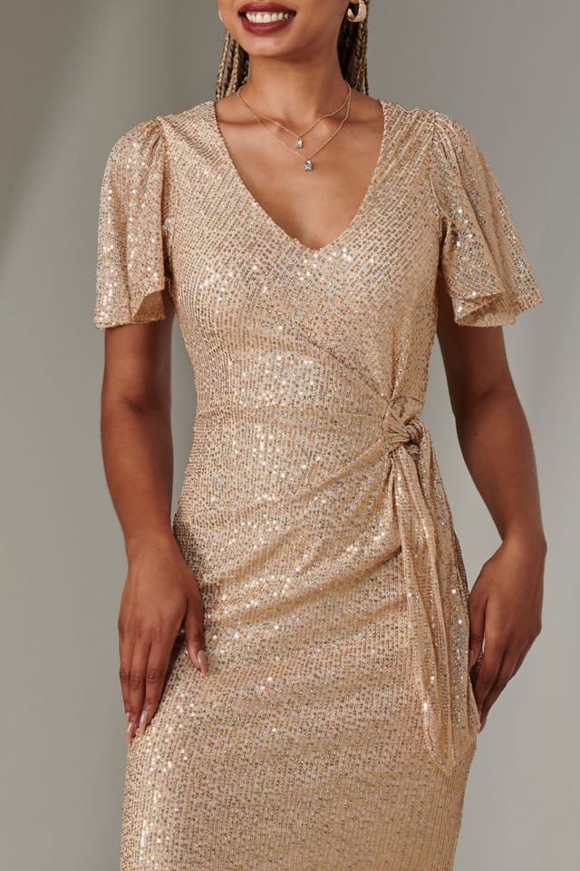 Jolie Moi Jolie Moi Women's Side Tie Flare Sleeve Sequin Dress in Gold - 3