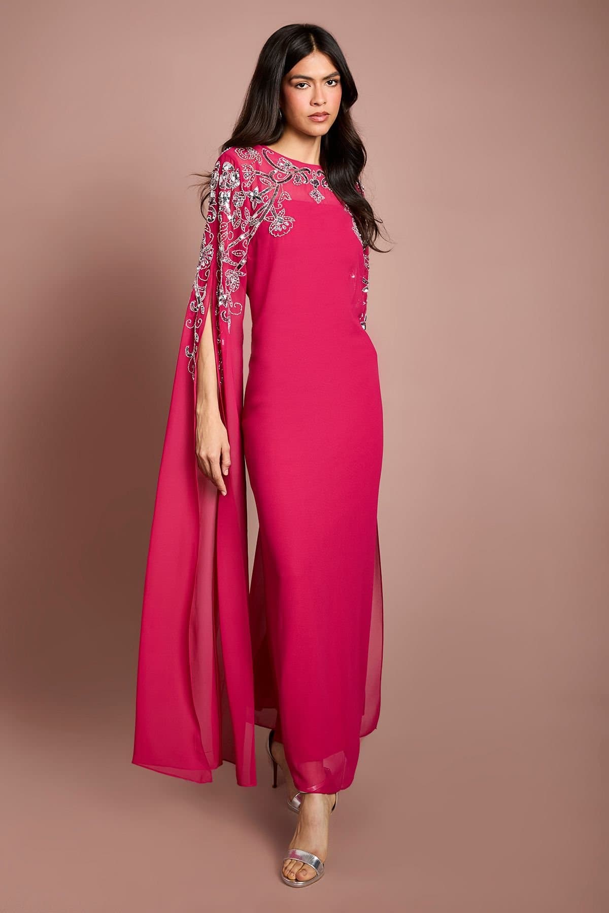 Coast Coast Women's Embellished Cape Maxi Dress in Berry
