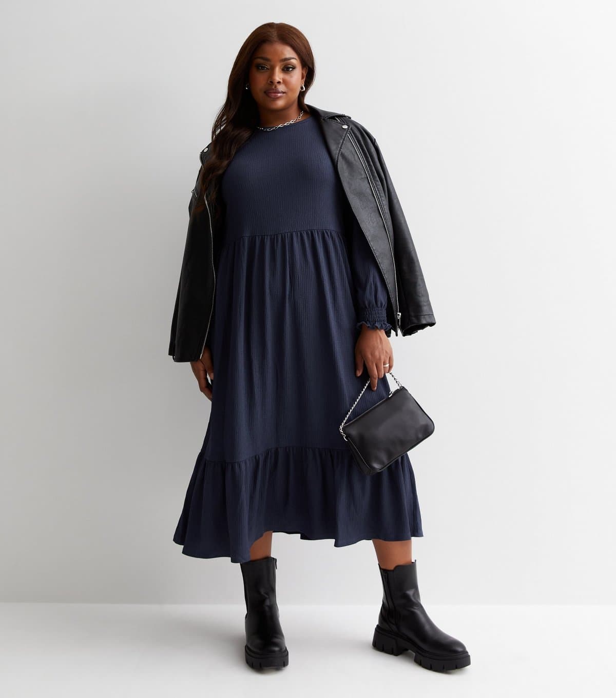 New Look Women's Plus Size Navy Crinkle Jersey Smock Midi Dress Curves New Look