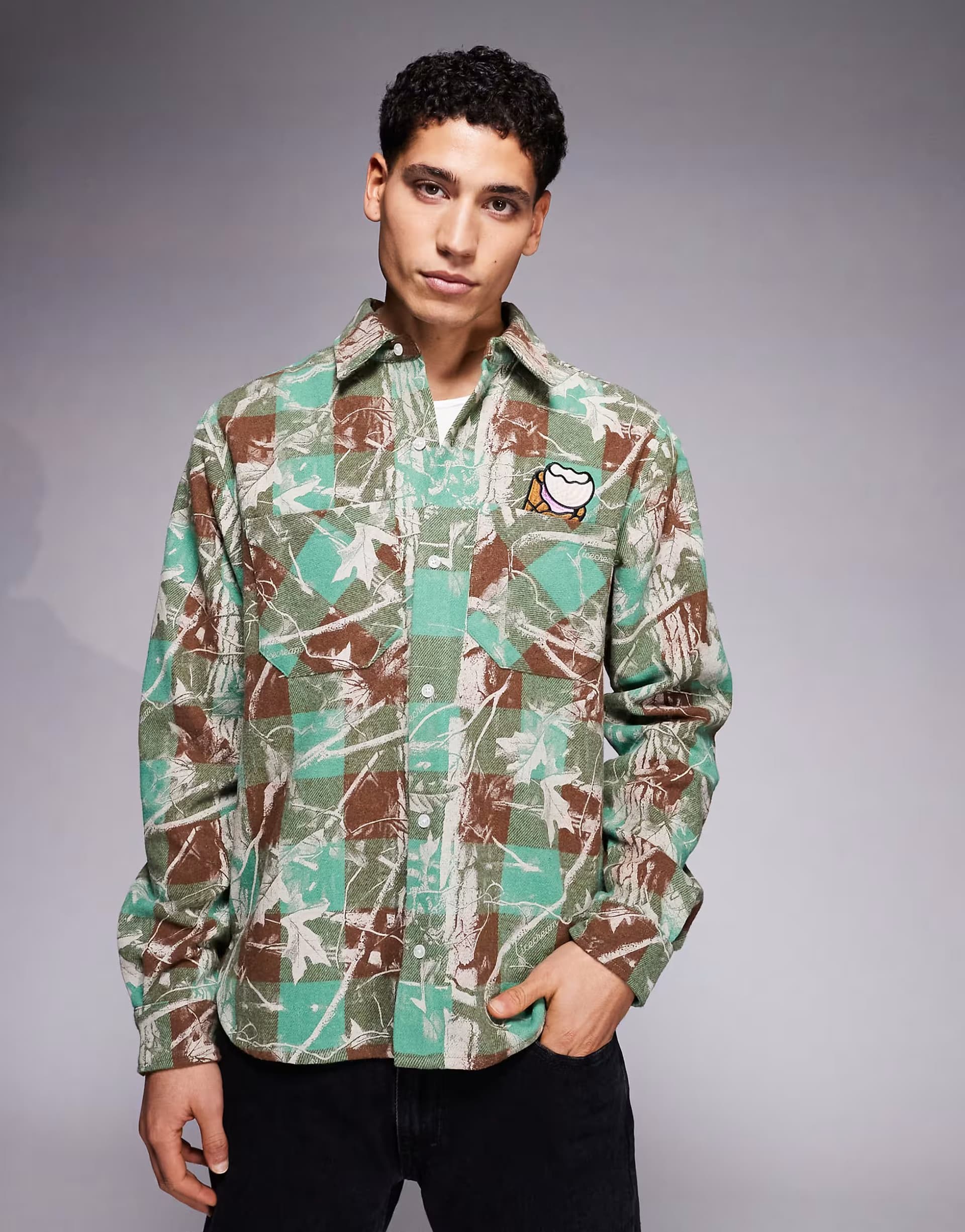 ASOS ICECREAM long sleeve tree camo print shirt in green check