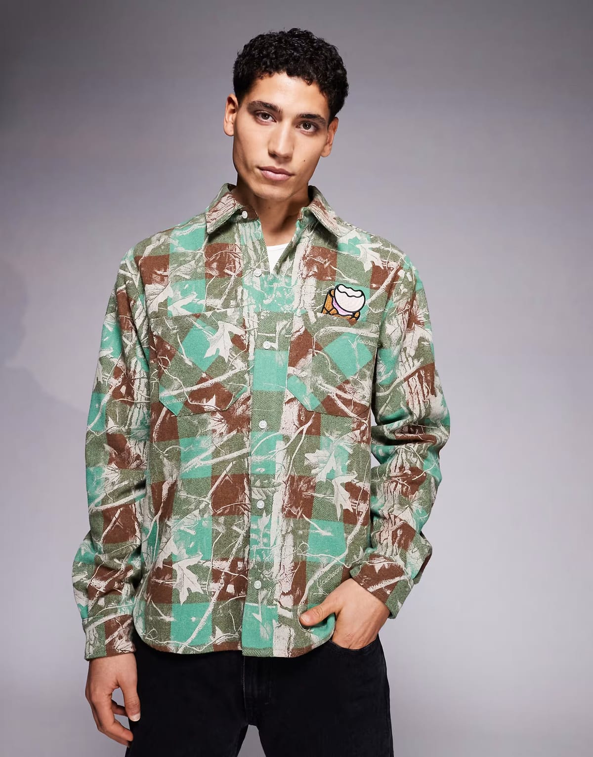 ASOS ICECREAM long sleeve tree camo print shirt in green check - 1