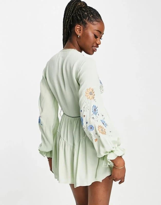 ASOS Design Button Through Embroidered Playsuit In Mint Green