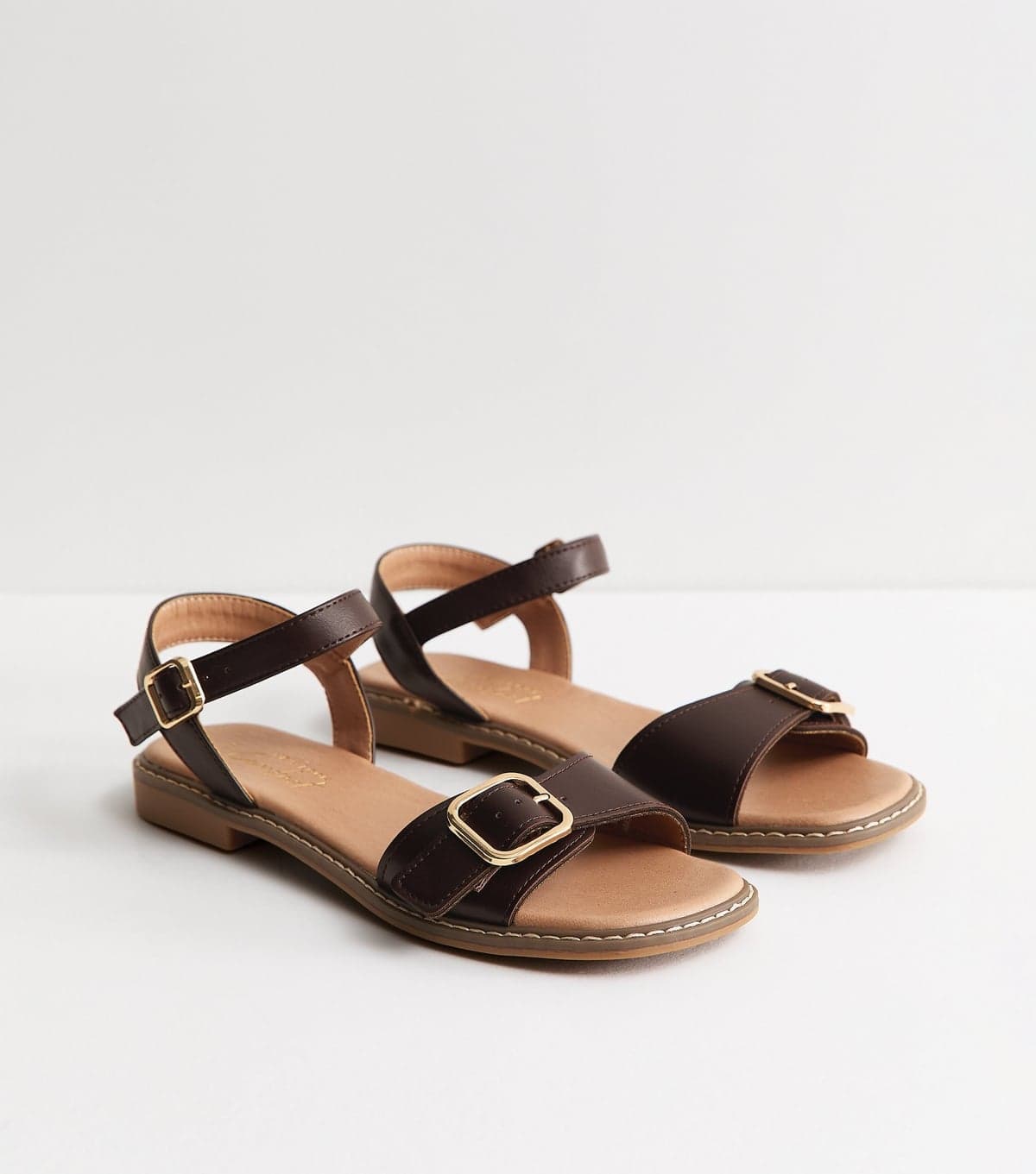 New Look Women's Brown Buckled Strap Faux Leather Sandals Vegan New Look