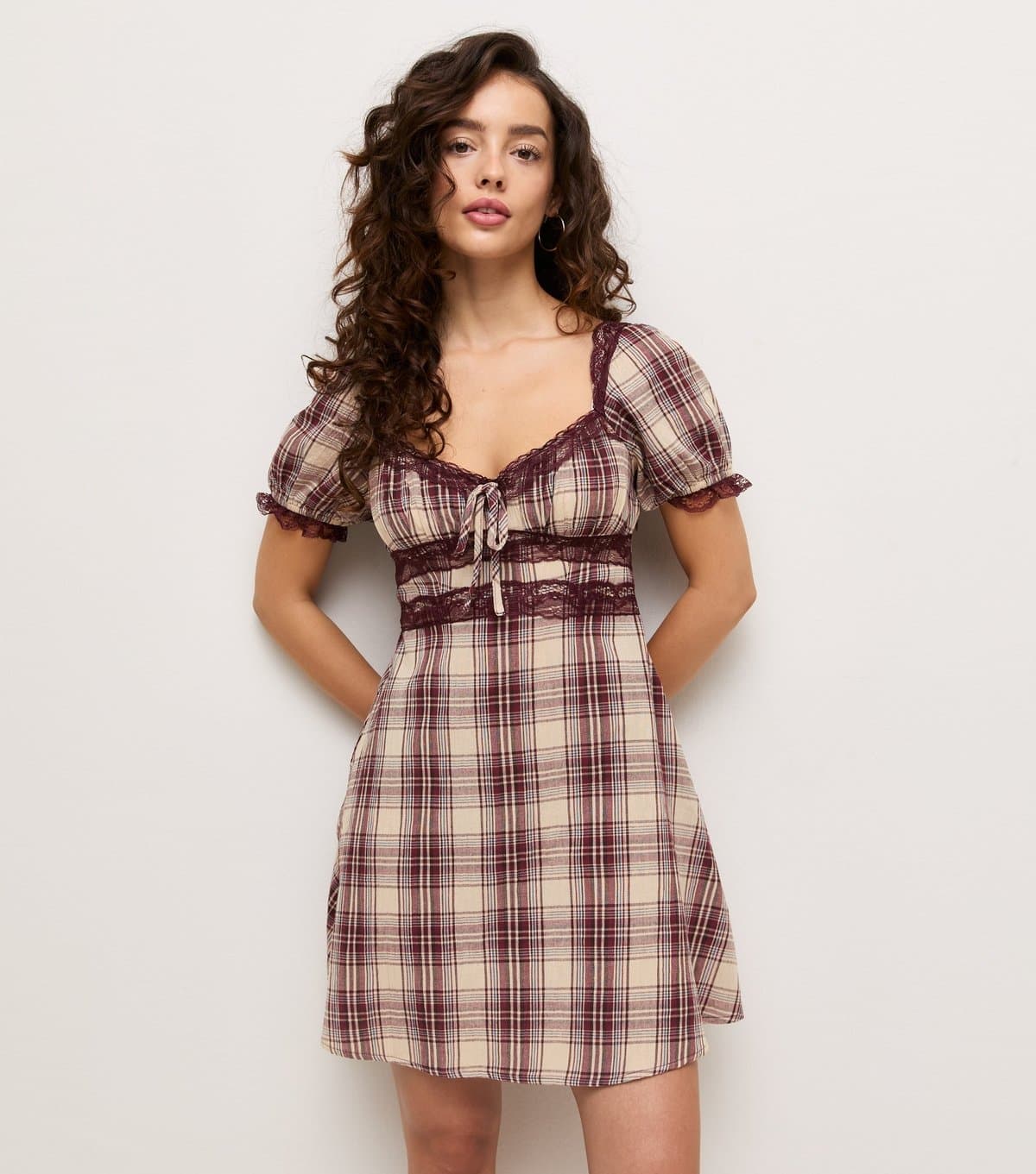 New Look Women's Petite Brown Check Lace Milkmaid Mini Dress New Look