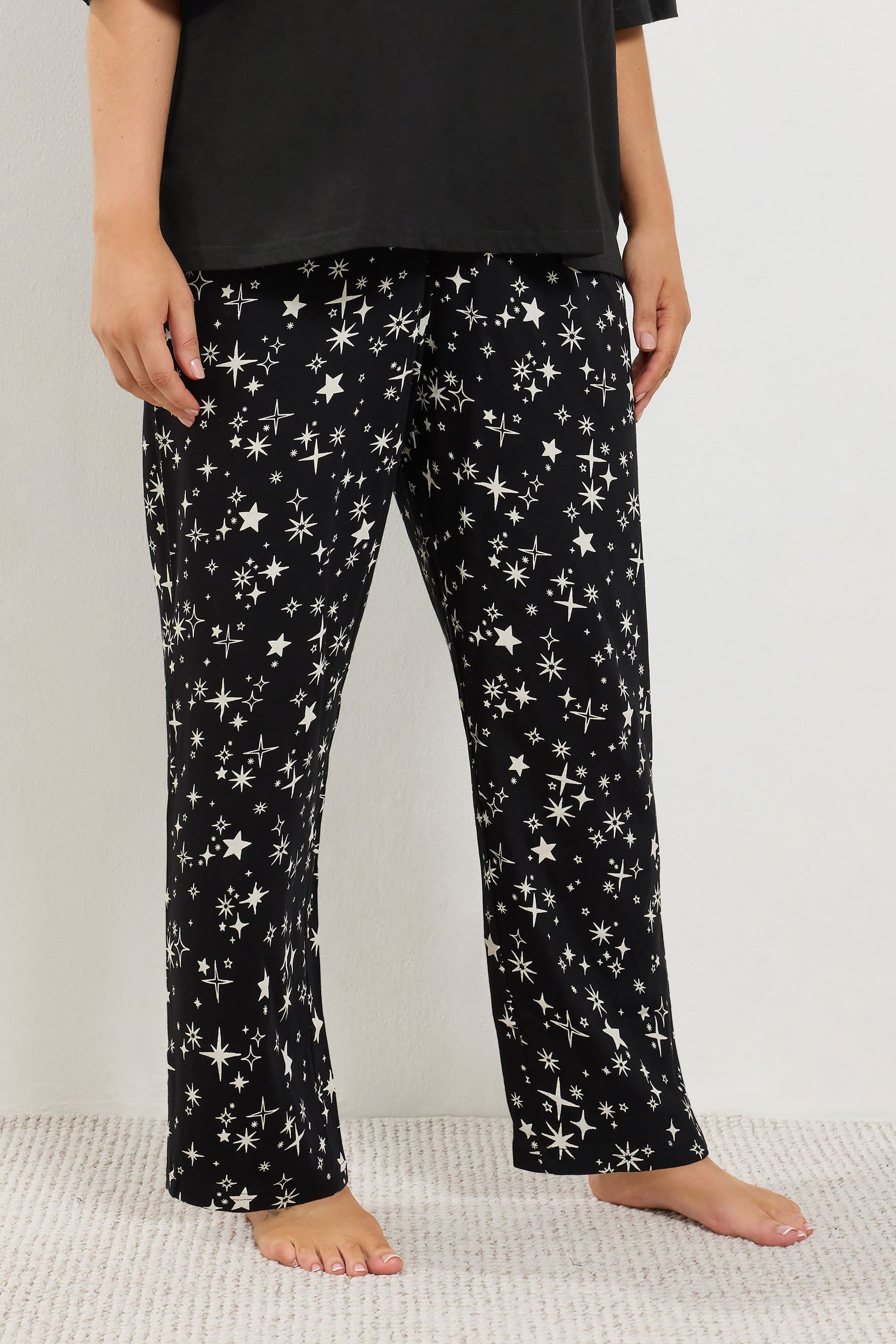 Yours Plus Size Black Star Wide Leg Pyjama Trousers