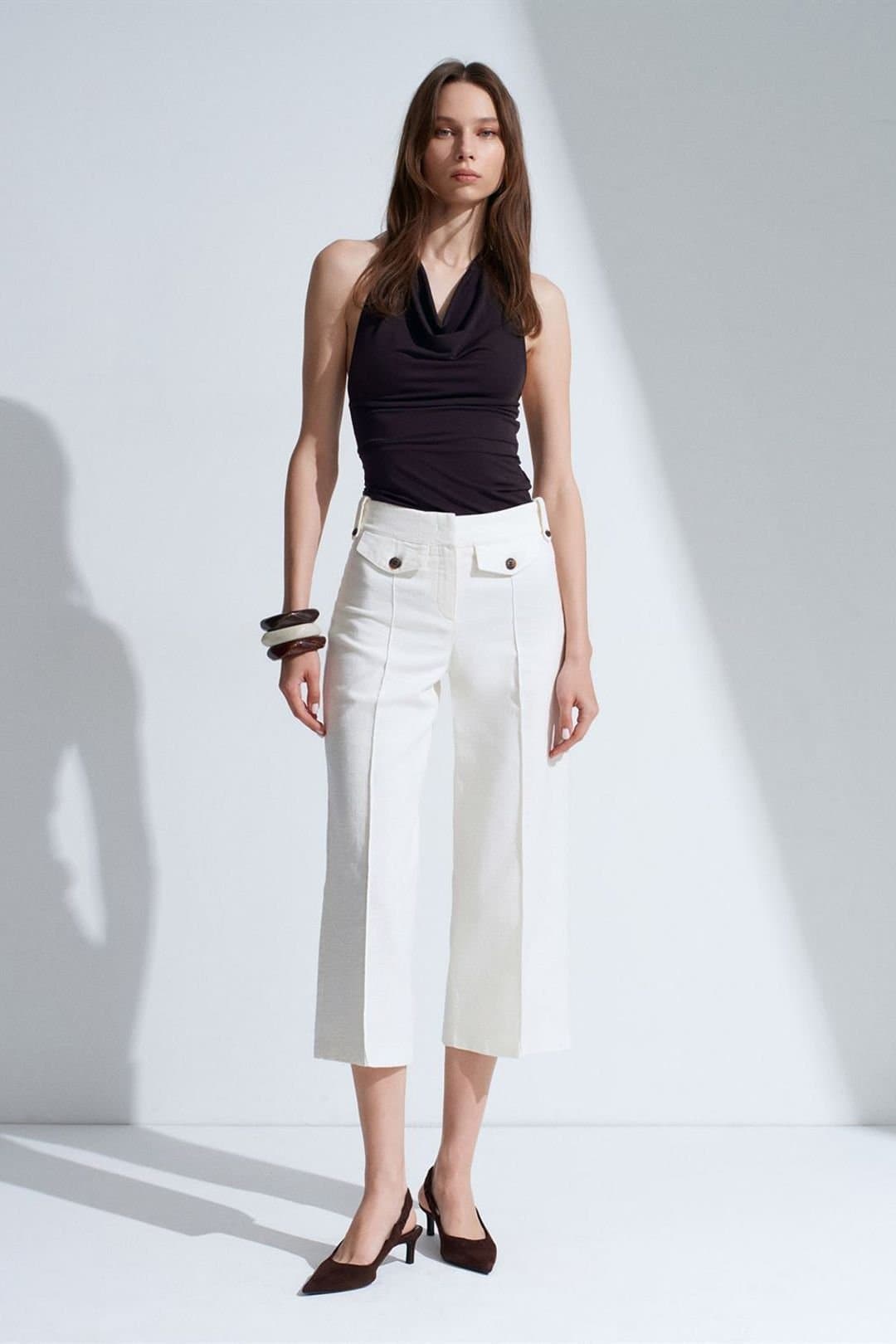 Dilvin Dilvin Women's High-Waist Cotton Poplin Capri Culottes in White